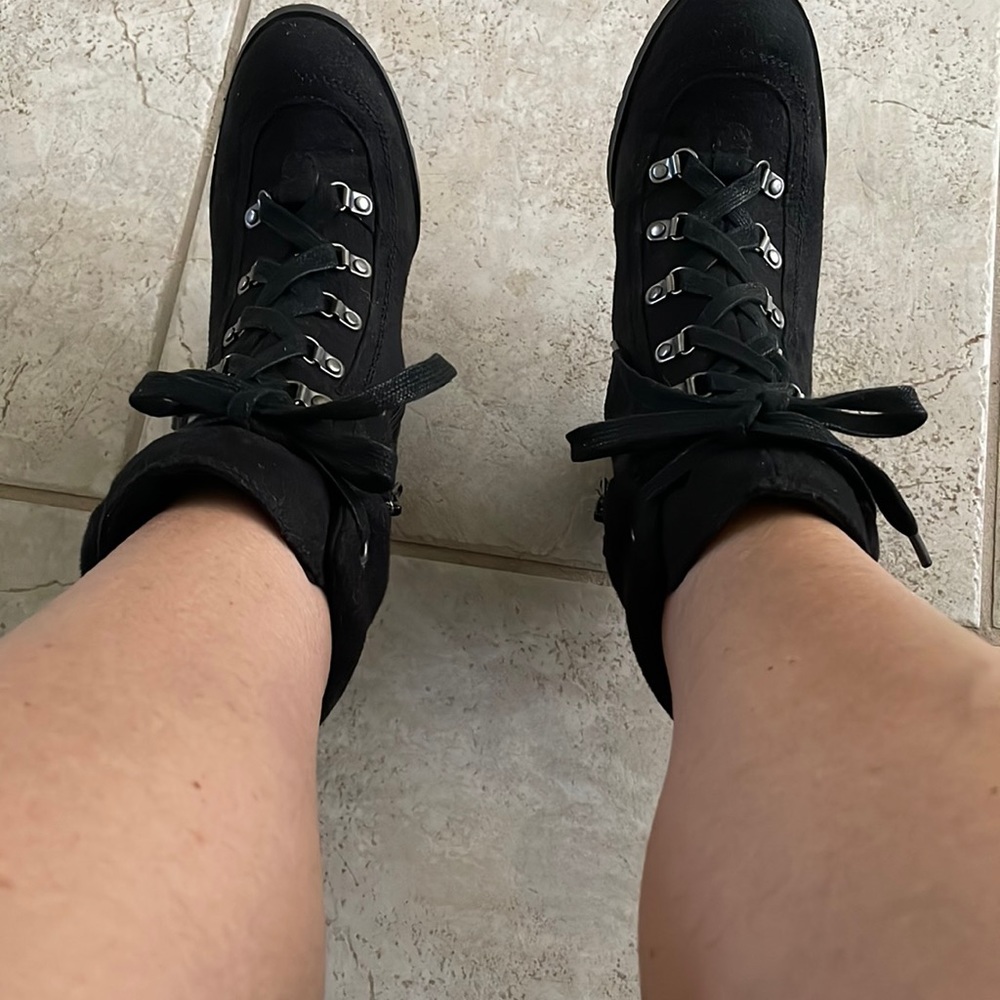 Black ankle boots with zipper and lace worn twice